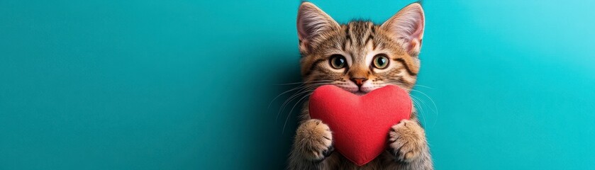 Cute Kitten Holding Heart, Teal Background, Valentine's Day