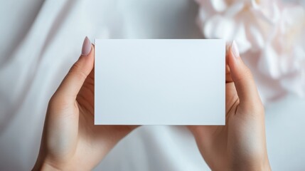 Obraz premium Female hands holding blank card with soft floral background