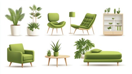 Green home decoration vector set. Scandinavian hygge style interior with furniture. Home plants in flower pot. Flat vector cartoon illustration isolated on white background.