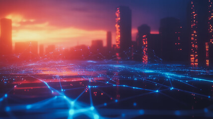 Obraz premium Smart digital Innovation city with connection network reciprocity over the cityscape. of future smart wireless digital city and social media networking systems that connects people with in city