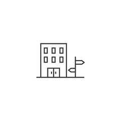Minimalist building icon with directional sign on white background