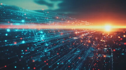 Obraz premium Smart digital Innovation city with connection network reciprocity over the cityscape. of future smart wireless digital city and social media networking systems that connects people with in city