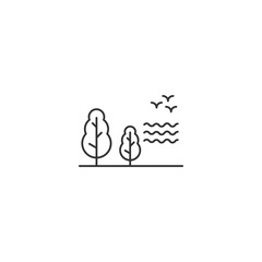 Simple nature landscape with trees and flying birds line art