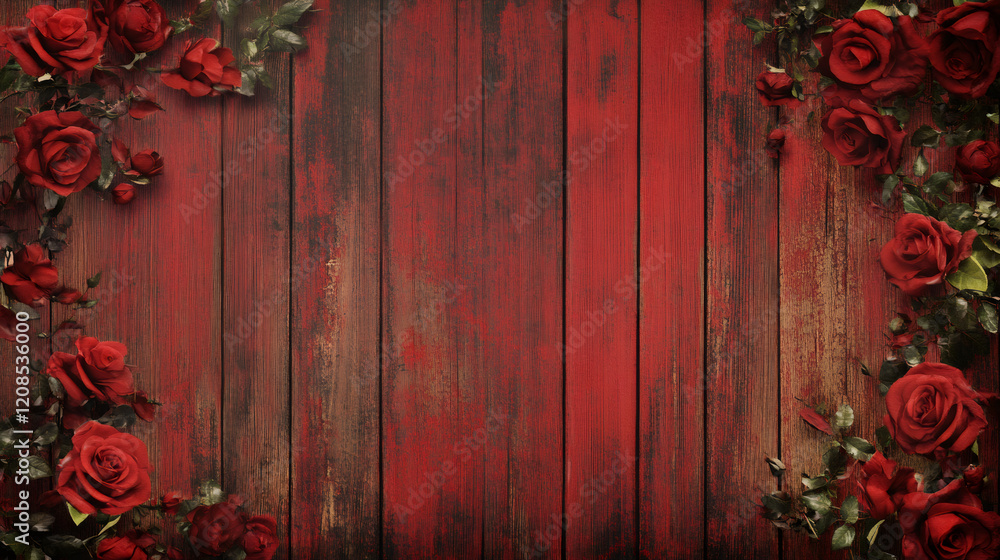 Poster red roses and leaves creating a border on a rustic red wooden background, ideal for valentine's day 