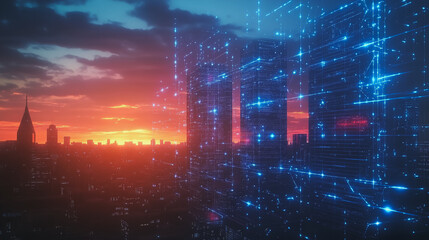 Obraz premium Smart digital Innovation city with connection network reciprocity over the cityscape. of future smart wireless digital city and social media networking systems that connects people with in city