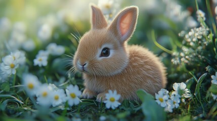 Fototapeta premium Ultra realistic baby bunny in easter spring setting among daisies