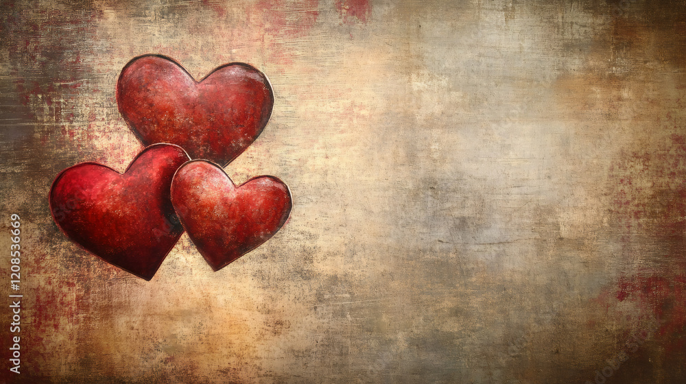 Poster valentine's day background showing three red hearts on a vintage textured surface with copy space