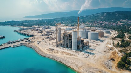 Obraz premium Coastal industrial plant with large storage tanks by the sea