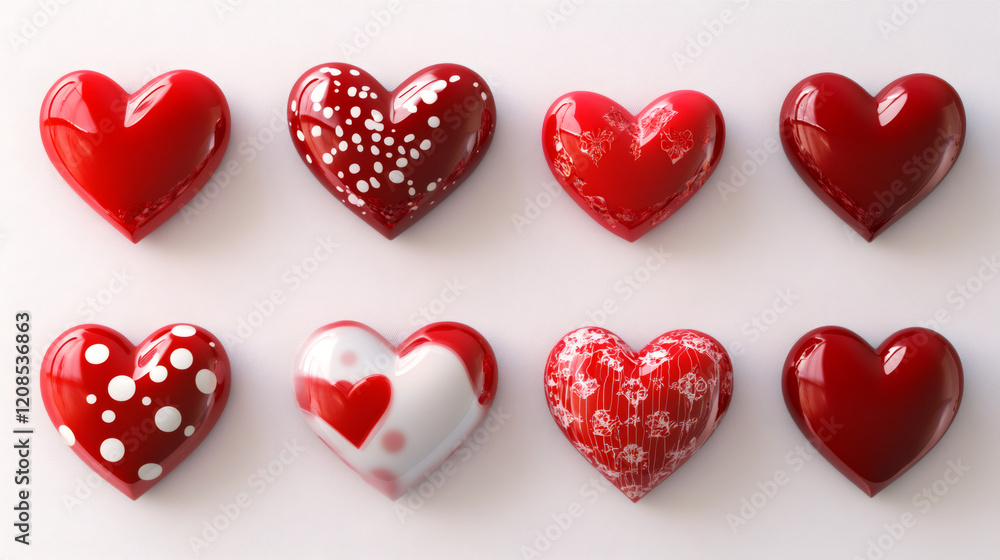 Poster eight glossy red hearts with polka dots and floral patterns arranged on a white background, perfect 