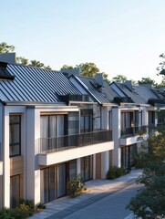 A row of modern townhouses with gray metal roofs and white walls, each house has an exterior balcony on the second floor Generative AI