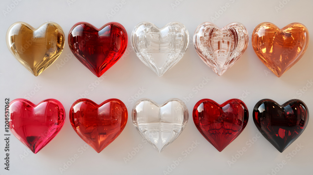 Poster glossy hearts in varied colors and textures arranged symmetrically, representing romantic valentine'