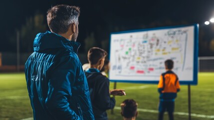 Coach Discussing Game Strategy with Players Under Night Sky at Football Ground with Tactical Board, Teamwork and Leadership in Sports Training Environment