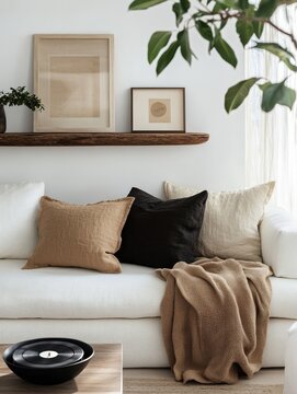 Design sofa, tropical plant, pillows, blanket, gramophone, and mock up picture frames are all featured in this stylish Scandinavian white room. Modern living area with white walls and brown oak parqu