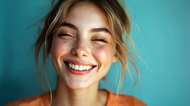 A cheerful young woman beams in a bright orange tee, radiating positivity and joy, set against a lively backdrop.