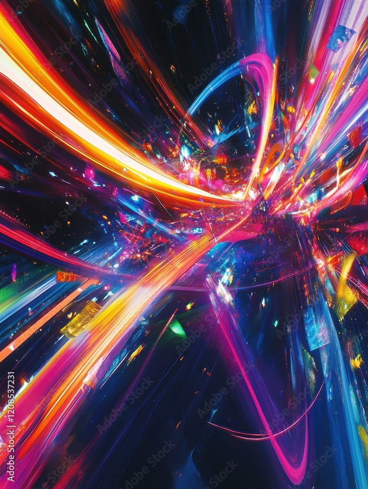 Poster a vibrant depiction of colorful light trails representing speed and movement in a futuristic setting