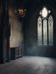 Fototapeta premium old interior with dark gothic castle, old castle with a wooden lamp