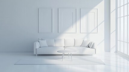 Side view on all-white interior design in sunny modern living room with comfortable sofa, carpet and coffee table on glossy floor, empty frame pictures on the wall and big window. 3D rendering