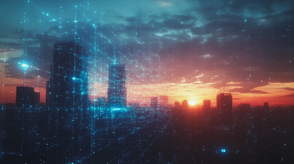 Obraz premium Smart digital Innovation city with connection network reciprocity over the cityscape. of future smart wireless digital city and social media networking systems that connects people with in city