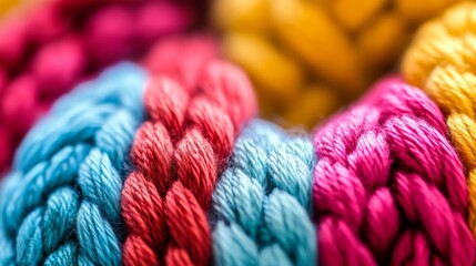 Close-Up of Vibrant Cotton Threads in Various Colors Including Pink, Blue, and Yellow, Showcasing Intricate Weaving Techniques and Craftsmanship