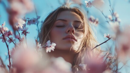 Fototapeta premium Serene Woman Amidst Blooming Pink Flowers in Springtime