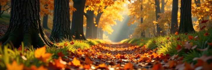 Golden leaves fall from trees softly on the forest path, tree bark, nature sounds
