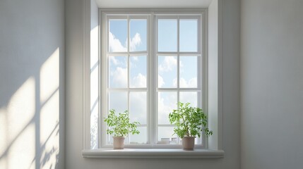 Fototapeta premium Sunlit window with potted plants on bright day