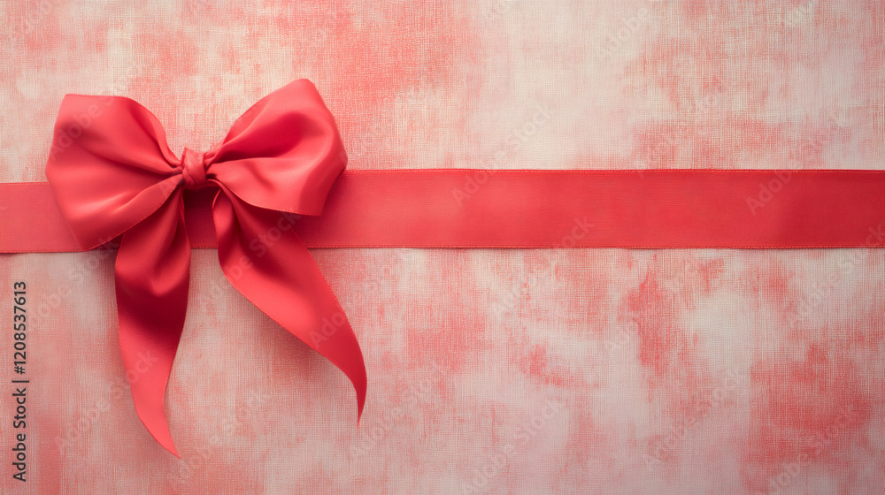 Poster elegant red ribbon with bow on a textured pink background, perfect for valentine's day projects and 