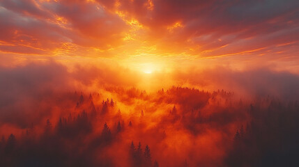 Fototapeta premium Mist rises from the forest floor at dawn, creating an air of mystery and renewal, with a soft blurred background offering space for contemplation or artistic expression