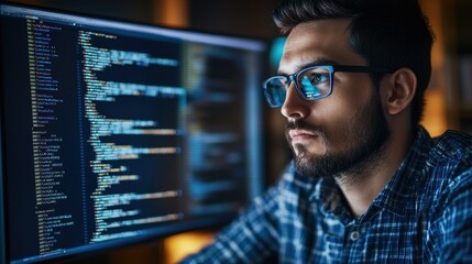 Focused developer coder wears glasses working on computer looking at programming code data cyber security digital tech reflecting in spectacles developing software program, focus on eye close up view