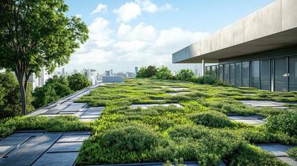 Fototapeta premium Urban green roof with modern architecture and city skyline view