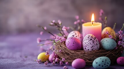 Easter card design with nest, colored eggs, and candle for festive decor