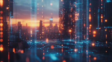 Obraz premium Smart digital Innovation city with connection network reciprocity over the cityscape. of future smart wireless digital city and social media networking systems that connects people with in city