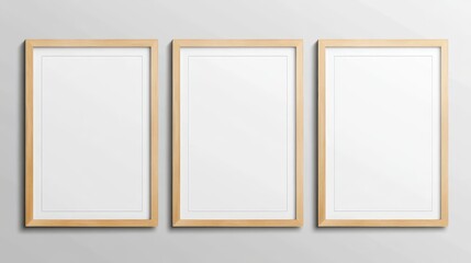Three blank wooden-framed vertical posters on white wall