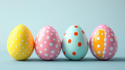 Fototapeta premium Vibrant polka dot easter eggs on blue background for holiday decor