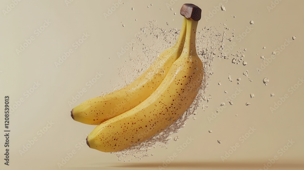 Poster two fresh bananas exploding with vibrant splashes and textures on beige background