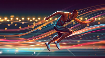 Professional runner accelerating on brightly lit track, motion blur capturing explosive speed and vibrant athletic movement
