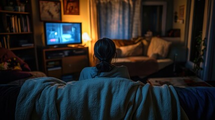 Fototapeta premium Wrapped in a blanket, a person sits in the dark on a couch, surrounded by shadows and low lighting