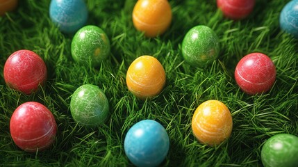 Fototapeta premium Colorful easter eggs arranged on lush green grass for festive decoration