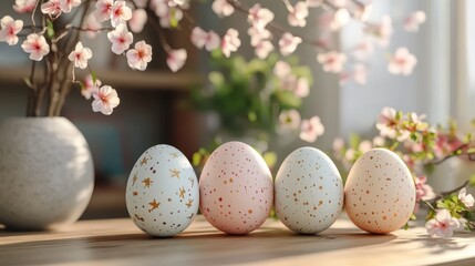 Obraz premium Elegant easter decoration with decorated eggs and blossoms for festive spring celebrations