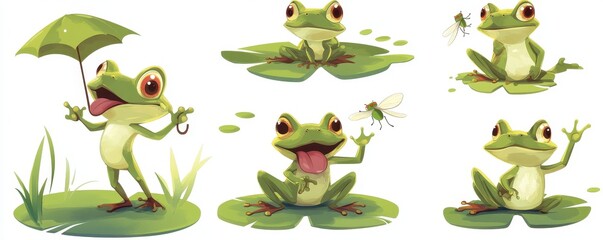 Obraz premium Playful green frogs on lily pads with whimsical poses, featuring vibrant designs and cheerful expressions in a nature-inspired setting