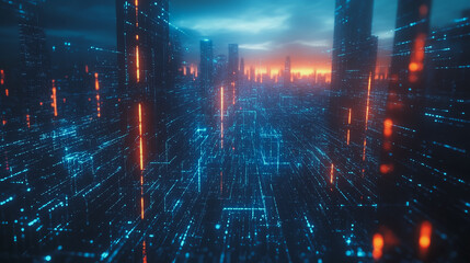 Obraz premium Smart digital Innovation city with connection network reciprocity over the cityscape. of future smart wireless digital city and social media networking systems that connects people with in city