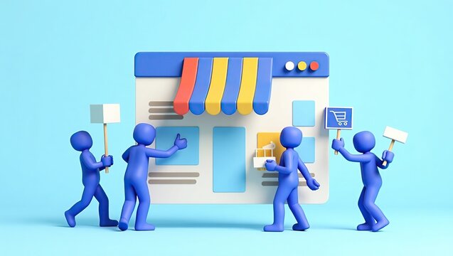 Blue Figures Promoting Online Store Website Launch