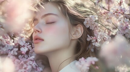 Fototapeta premium Serene young woman amidst blossoming cherry trees