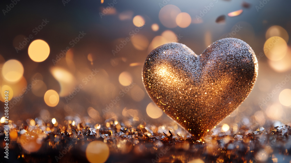 Poster glittering golden heart resting on sparkling confetti background, radiating romantic valentine's day