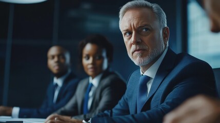 Male mature caucasian ceo businessman leader with diverse coworkers team, executive managers group at meeting. Multicultural professional businesspeople working together on research plan in boardroom