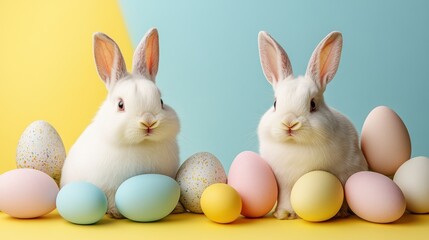 Easter celebration art frame mockup with rabbits and eggs for horizontal poster print