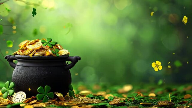 St. Patrick's Day theme with black pot, gold coins, and shamrocks, Ai Generated