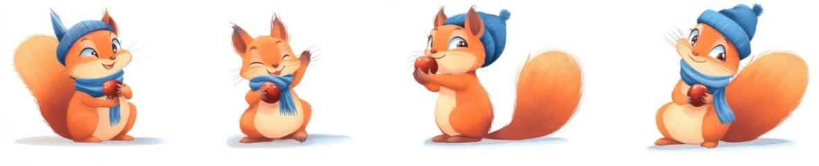 Obraz premium Playful fox characters wearing winter scarves and hats, holding acorns in a cozy and cheerful seasonal setting