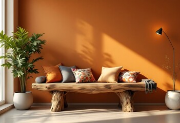 Rustic Wooden Bench with Colorful Pillows in a Warm, Sunlit Room