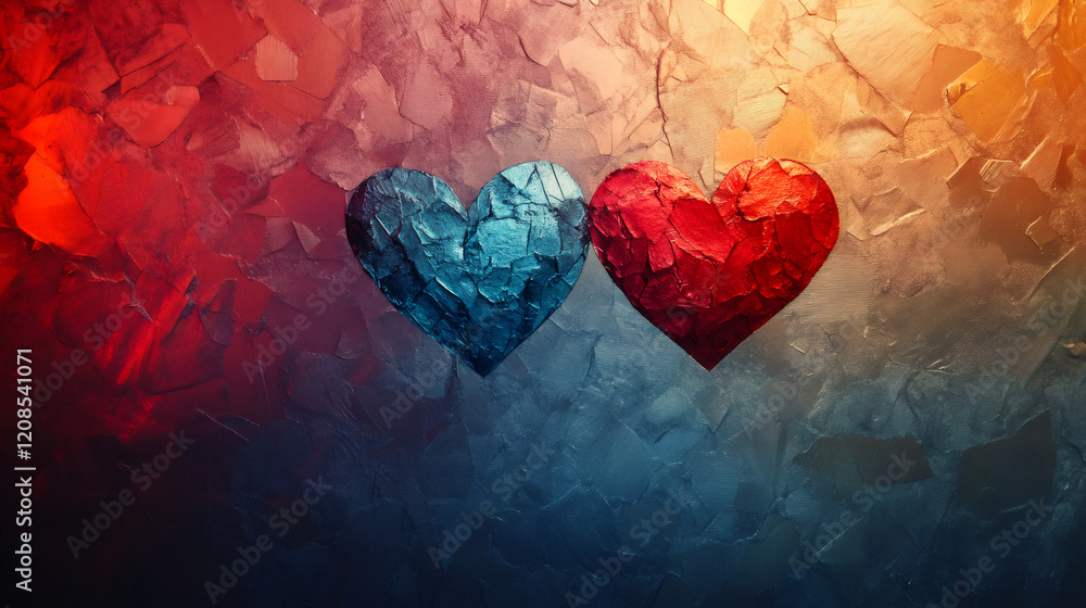 Poster two colorful textured hearts symbolizing love and affection on a vibrant background ideal for valent
